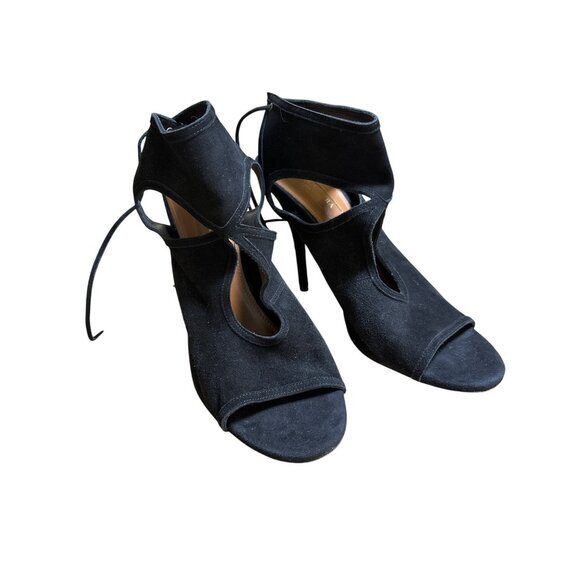Aquazzura‎ Black Suede Ankle Strap w Tie Heels Sandals Formal Shoes Size It 38.5